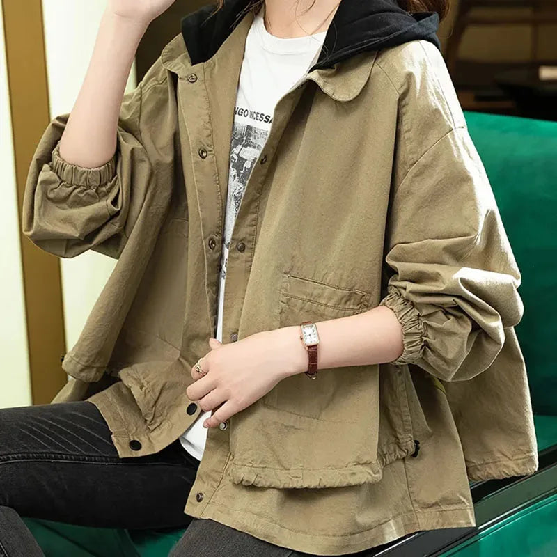 Casual Oversized Khaki Jacket with Adjustable Sleeves
