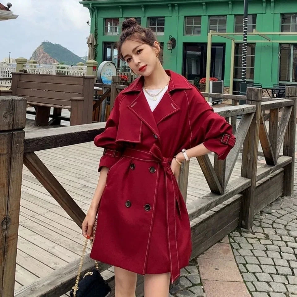 Red belted trench coat shop