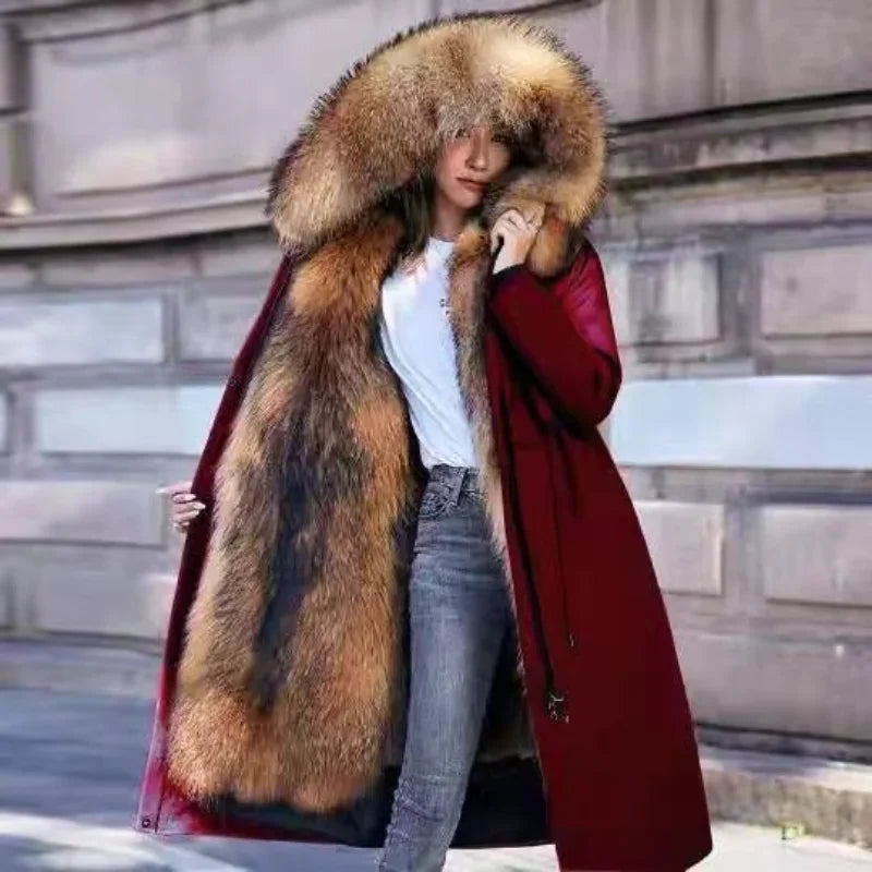 Luxurious Red Coat with Faux Fur Trim Hood