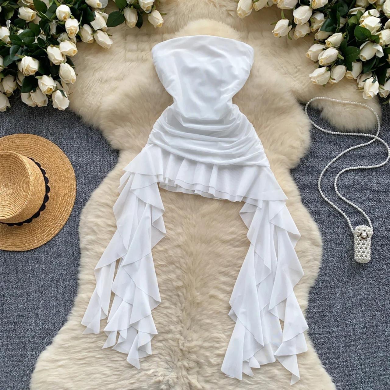 Strapless White Dress With Layered Ruffle Hem on Luulla