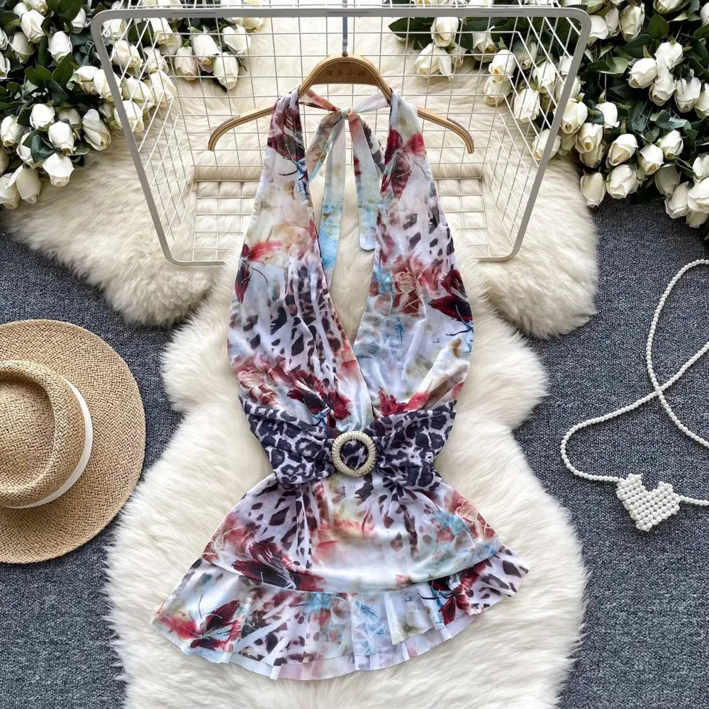 Halter Neck Floral Print Ruffled Beach Dress on Luulla