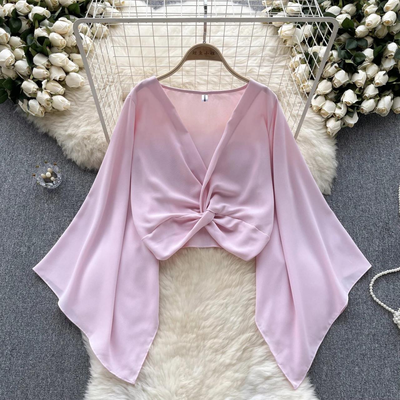 Flowy Pink Chiffon Top With Draped Sleeves