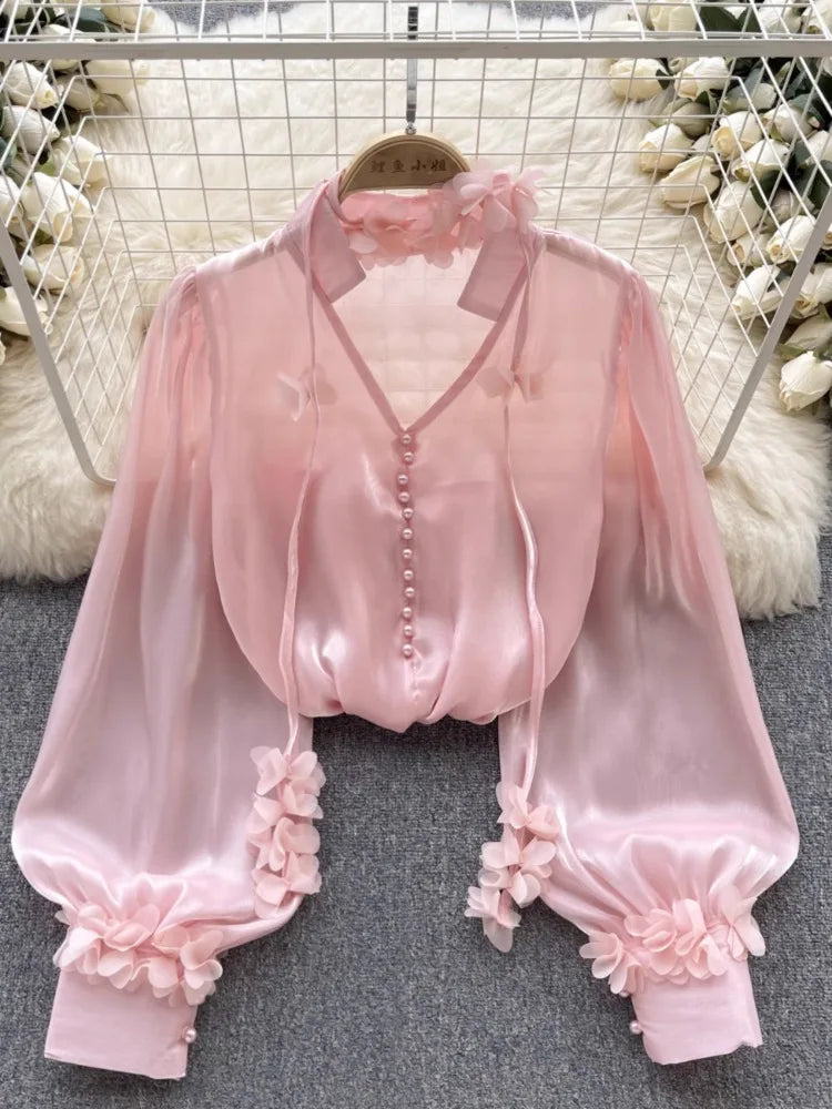 トップス oneu tulle chiffon blouse baby pink Sheer Pink Chiffon Blouse With Floral Accents on Luulla
