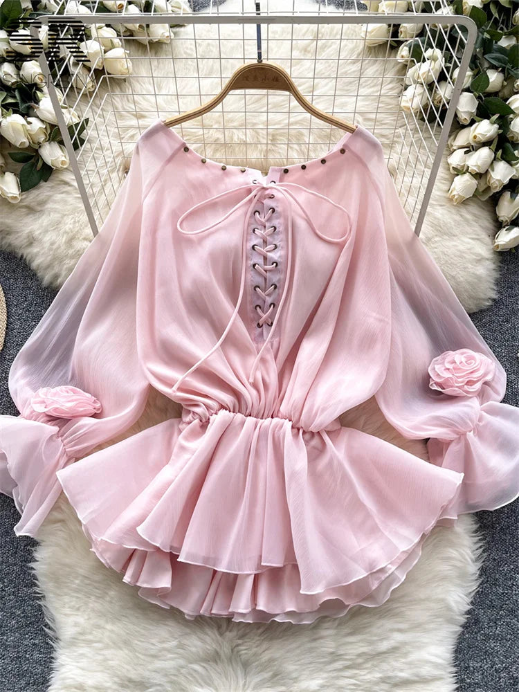 Chic Pink Lace-up Chiffon Blouse With Roses on Luulla