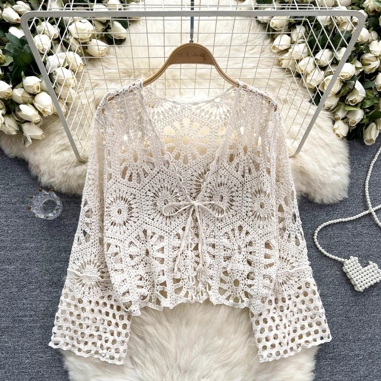 トップス Crochet Lace Cardigan herlipto white M Crochet Lace Cardigan