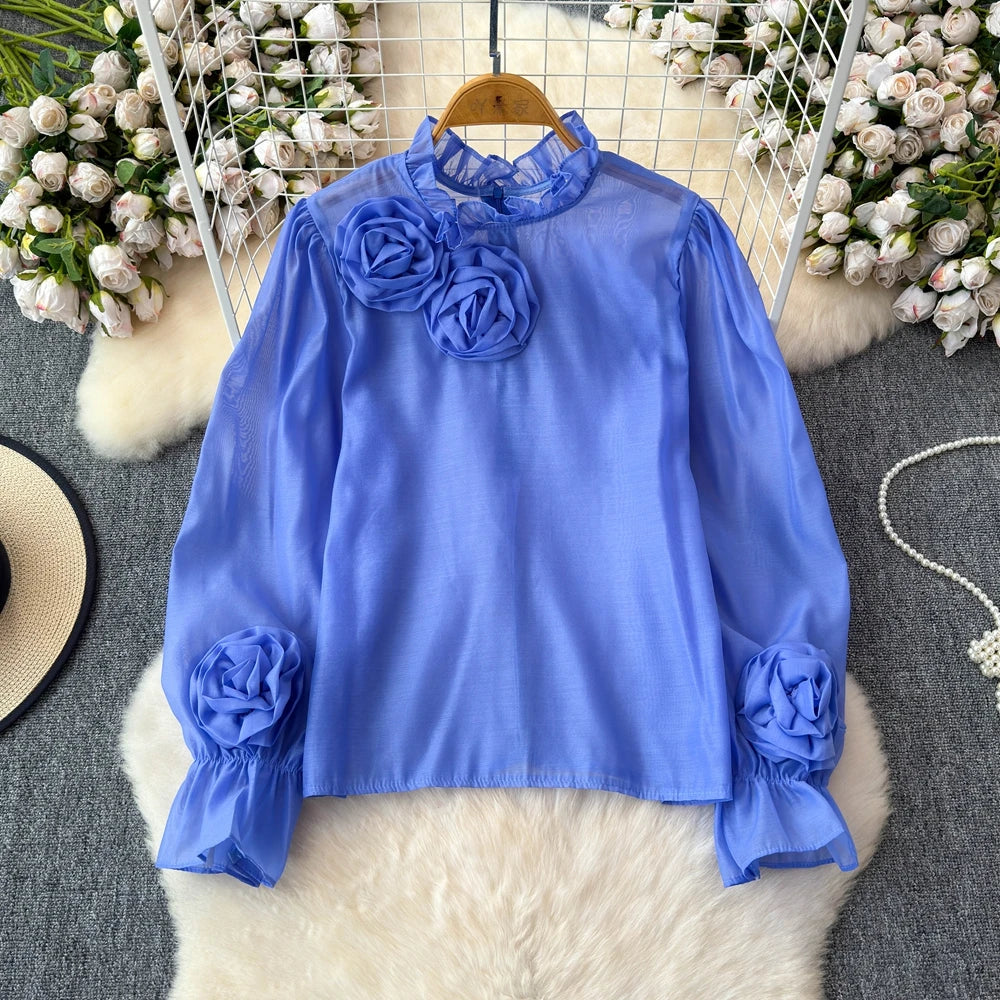 Chiffon Blouse With Floral Embellished Long Sleeves on Luulla
