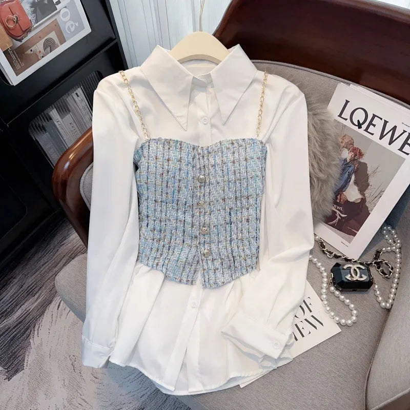 White Shirt with Plaid Tweed Corset Overlay