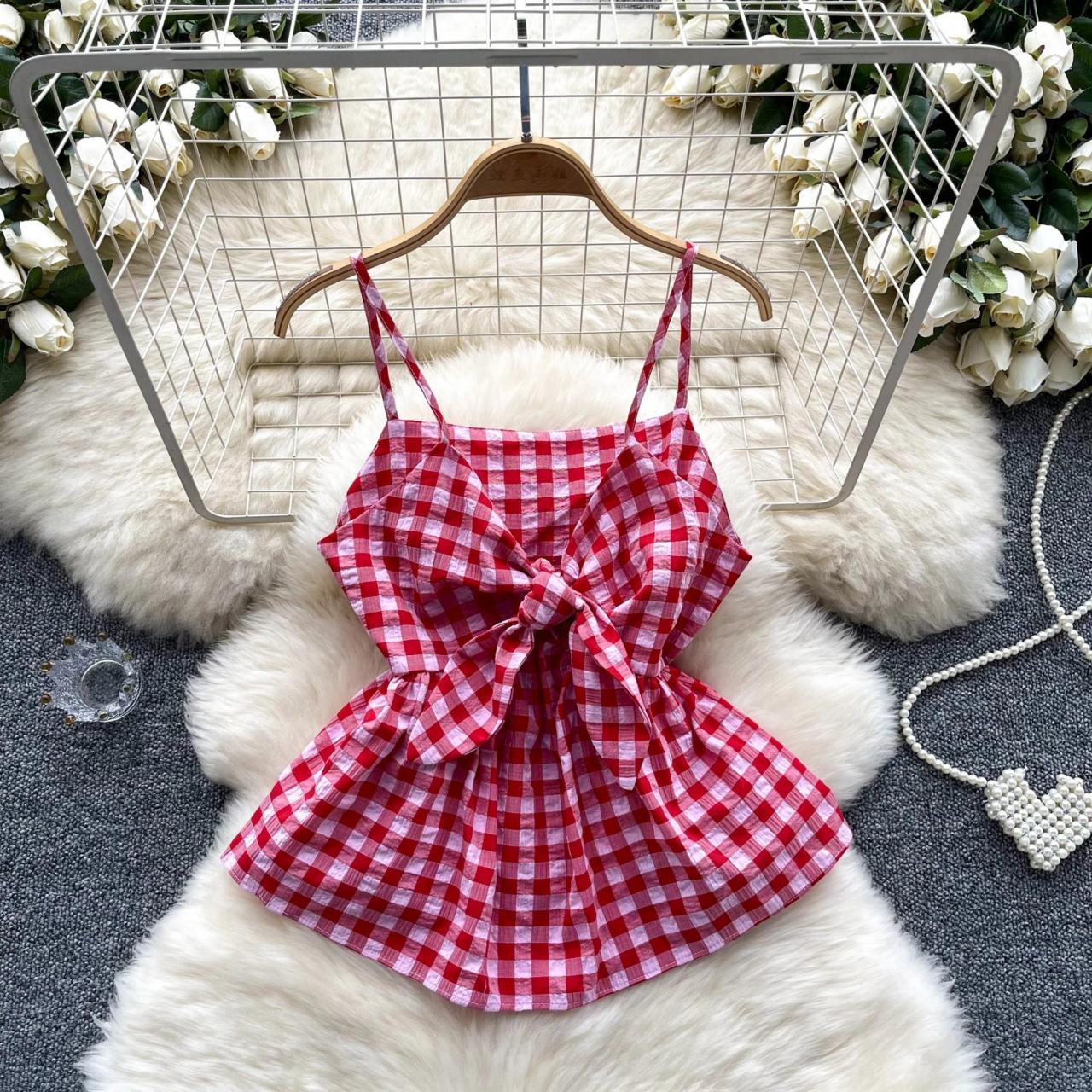 Red Gingham Sleeveless Tie-Front Summer Dress