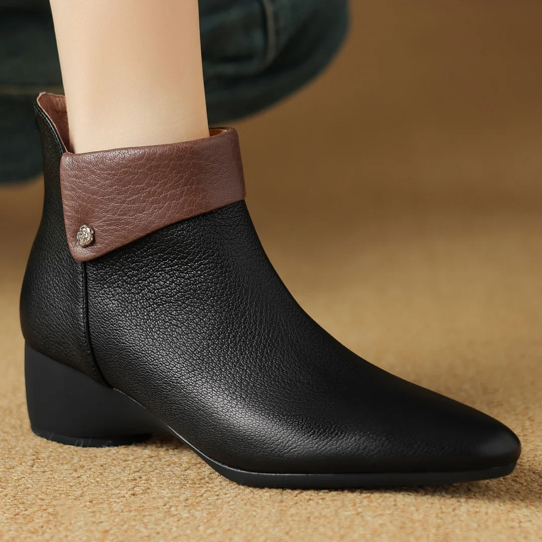 Black Ankle Boots With Brown Fold-over Cuff - Main Image
