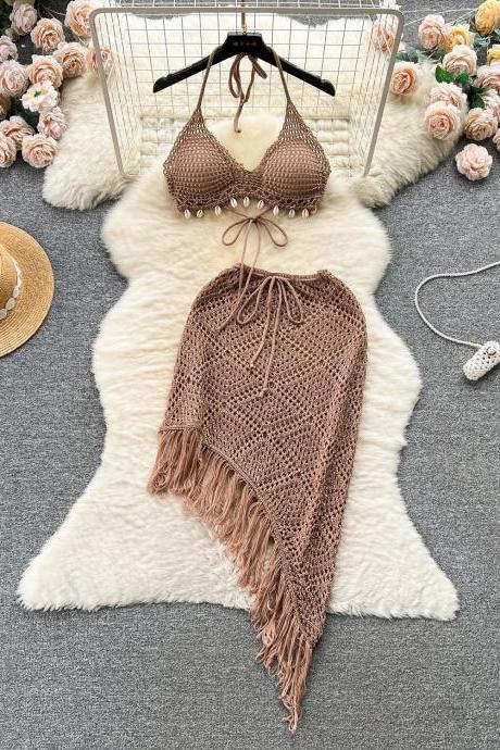 Boho Crochet Bikini Set With Fringe Skirt