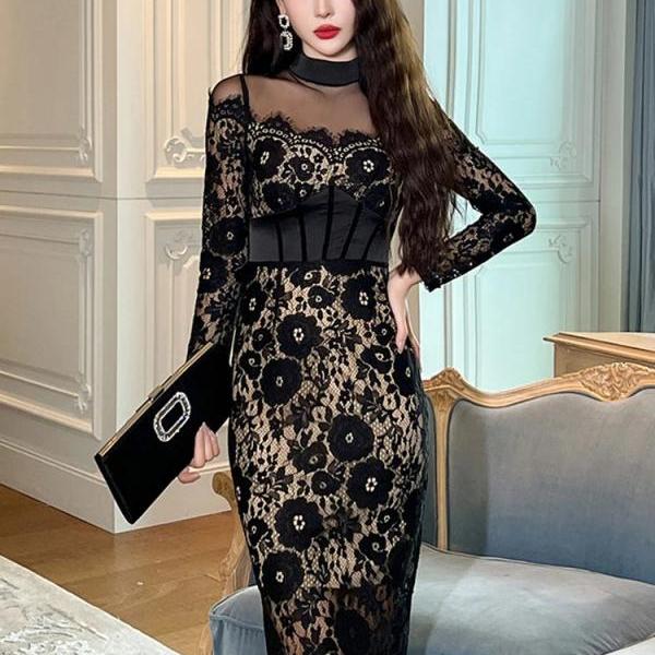 Elegant Black Lace Long Sleeve Midi Dress