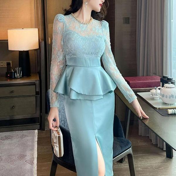 Elegant Lace Peplum Dress With Long Sleeves on Luulla