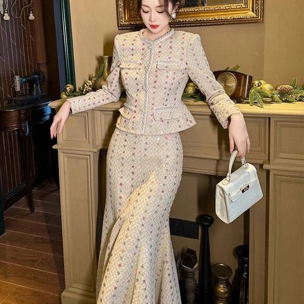 Elegant Tweed Two-piece Skirt Suit Set