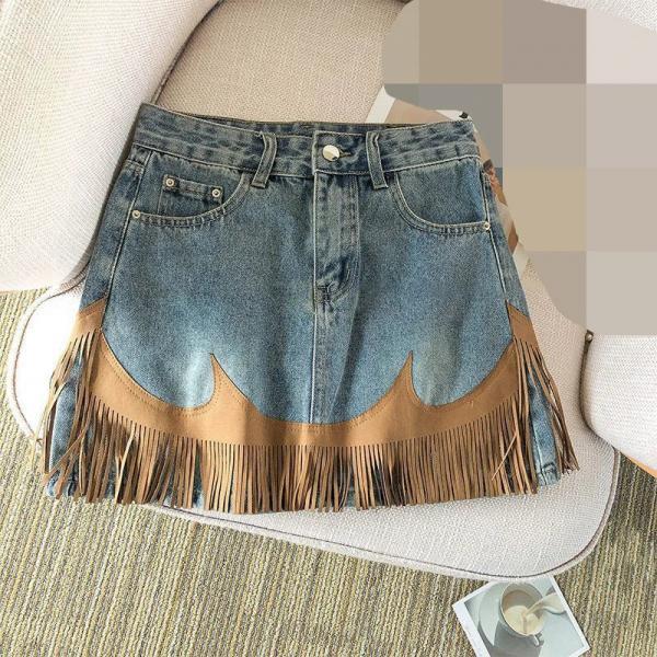 GANNI | Fringed Heavy Medium Wash Denim Midi Skirt | Women