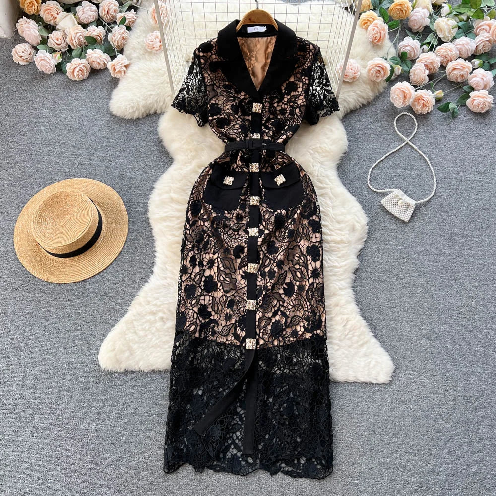 Elegant Black Lace Dress With Button Details on Luulla