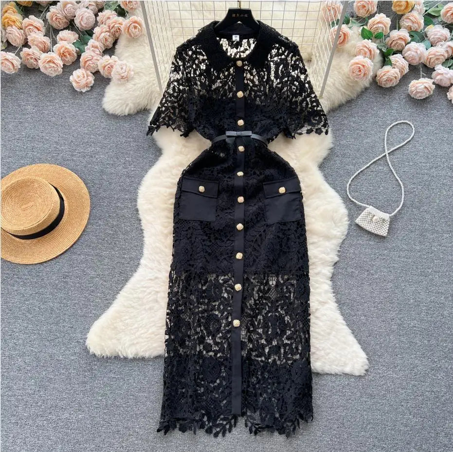 Elegant Black Lace Dress With Button Details on Luulla