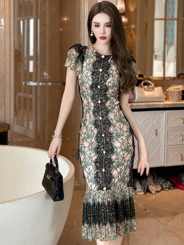 Elegant Lace Midi Dress With Puff Sleeves on Luulla