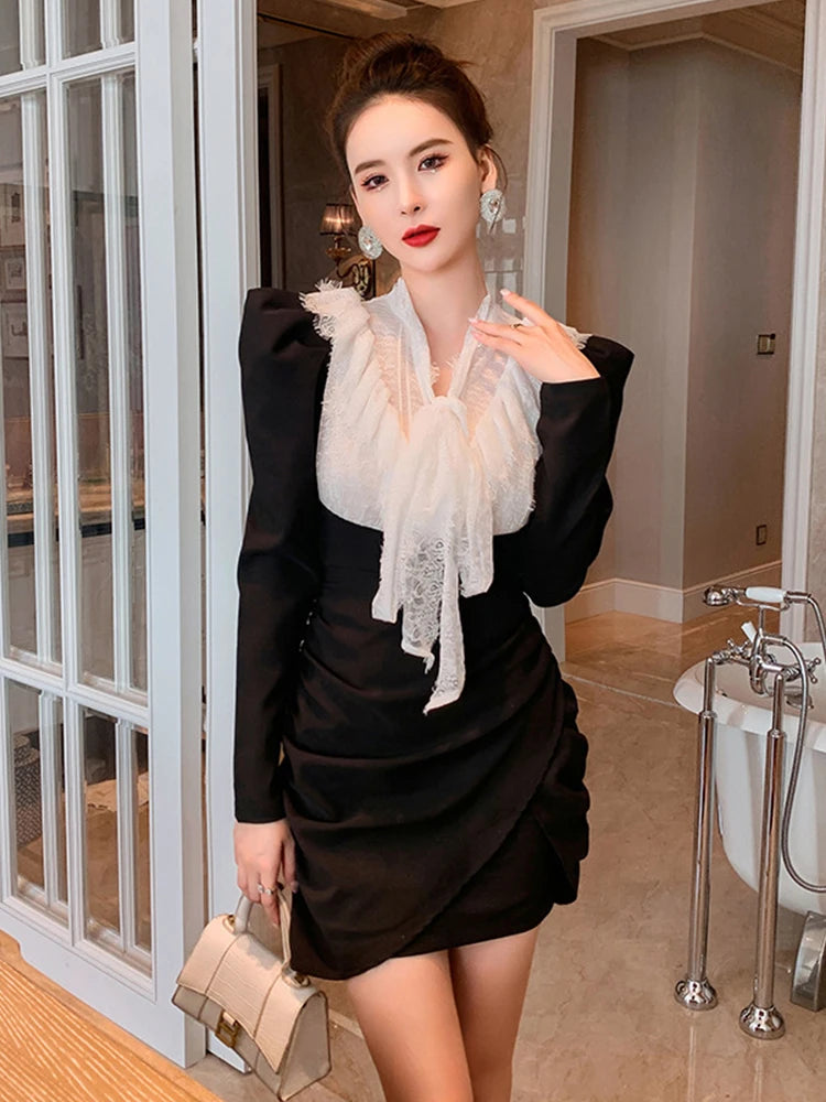 Elegant Black Dress With Lace Ruffle Detail on Luulla