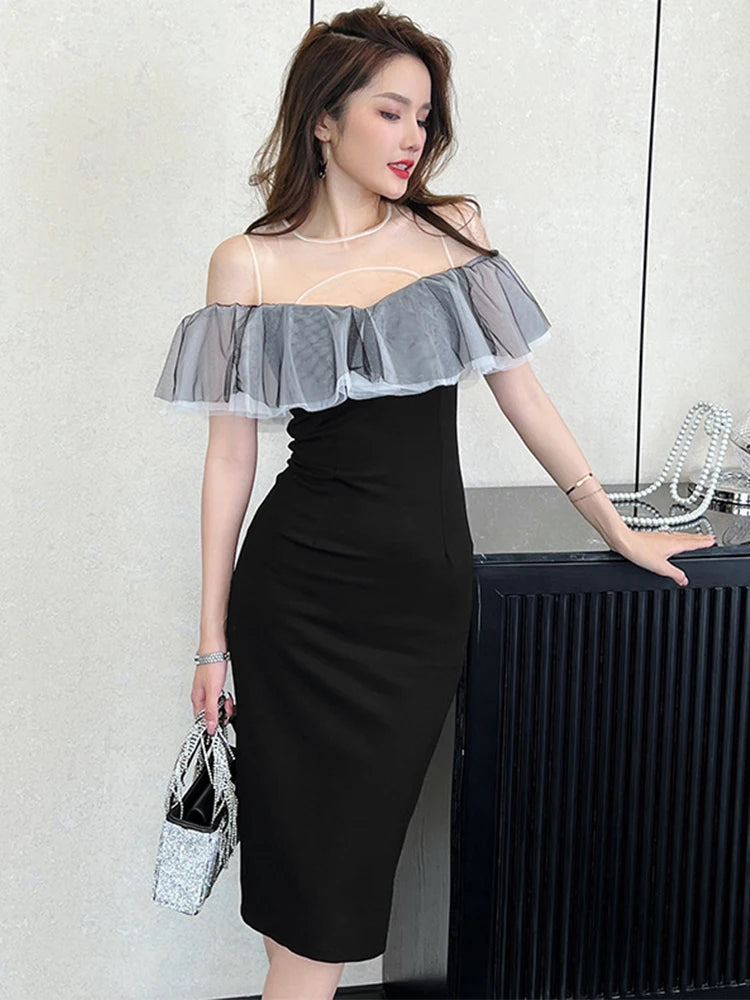 Off Shoulder Ruffle Satin Midi Dress main image 0