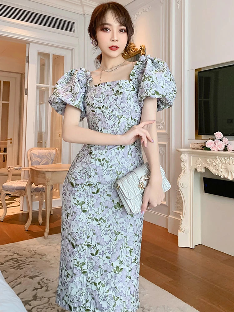 Floral Embroidered Cotton Midi Dress with Puff Sleeves - Half white