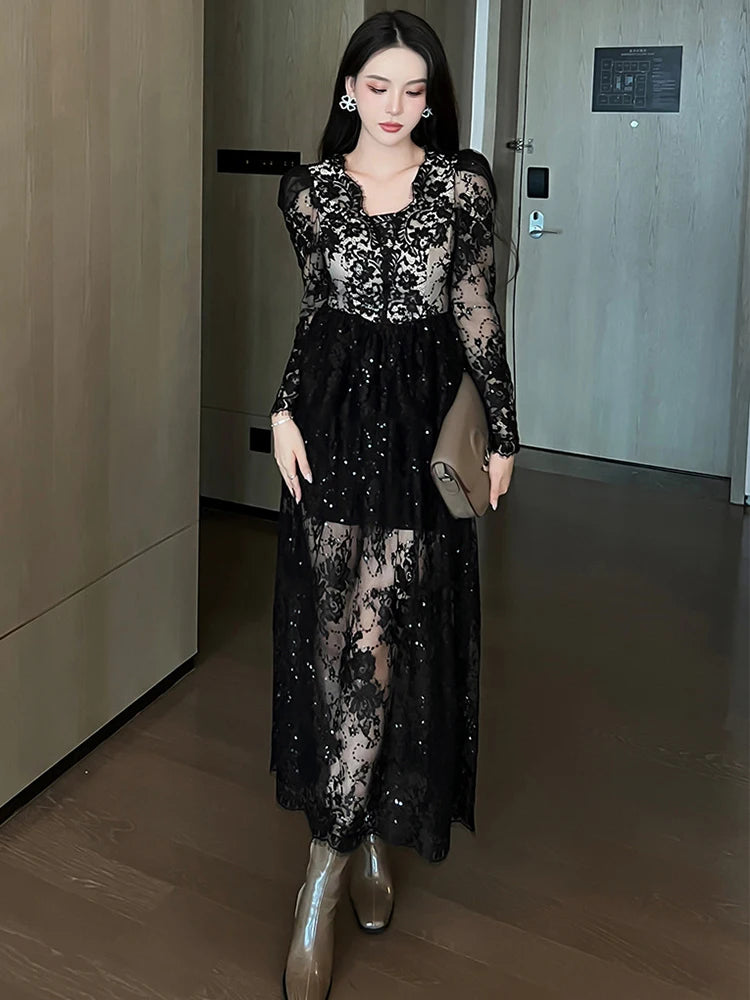Elegant Black Lace Long Sleeve Evening Dress on Luulla