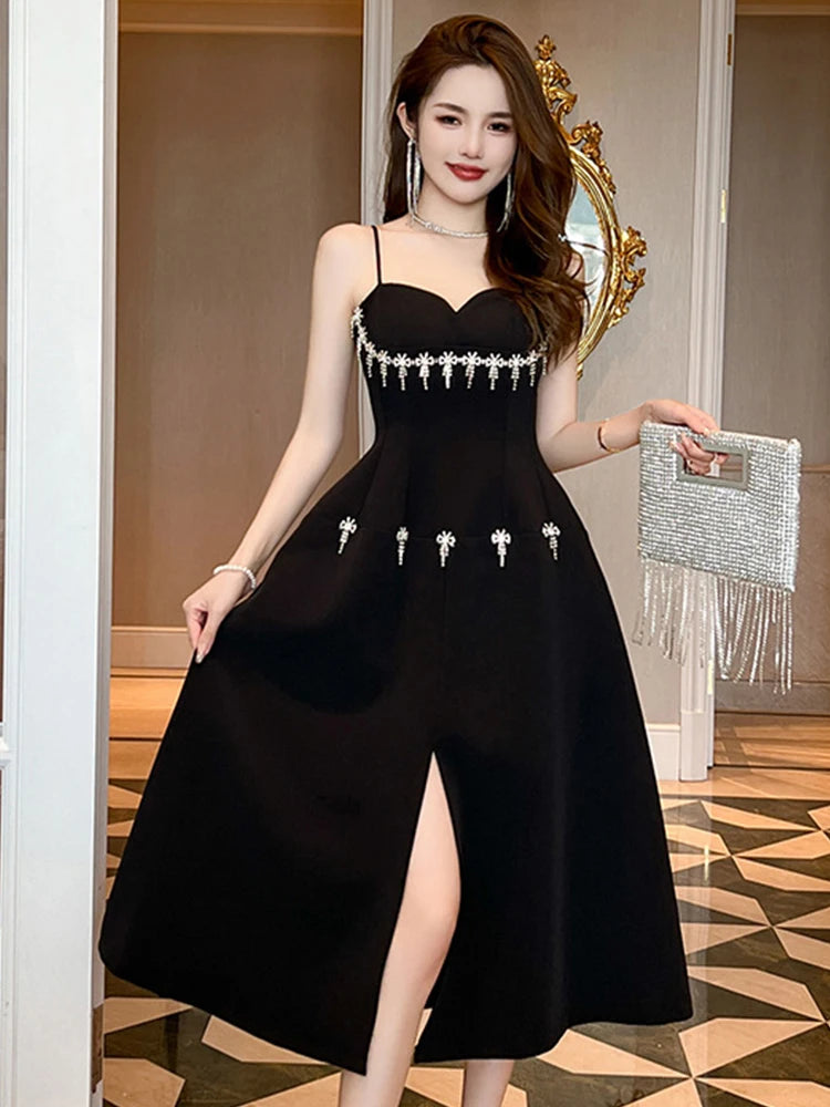 Elegant Midi Dress With Crystal Buttons and Lace Trim – Black