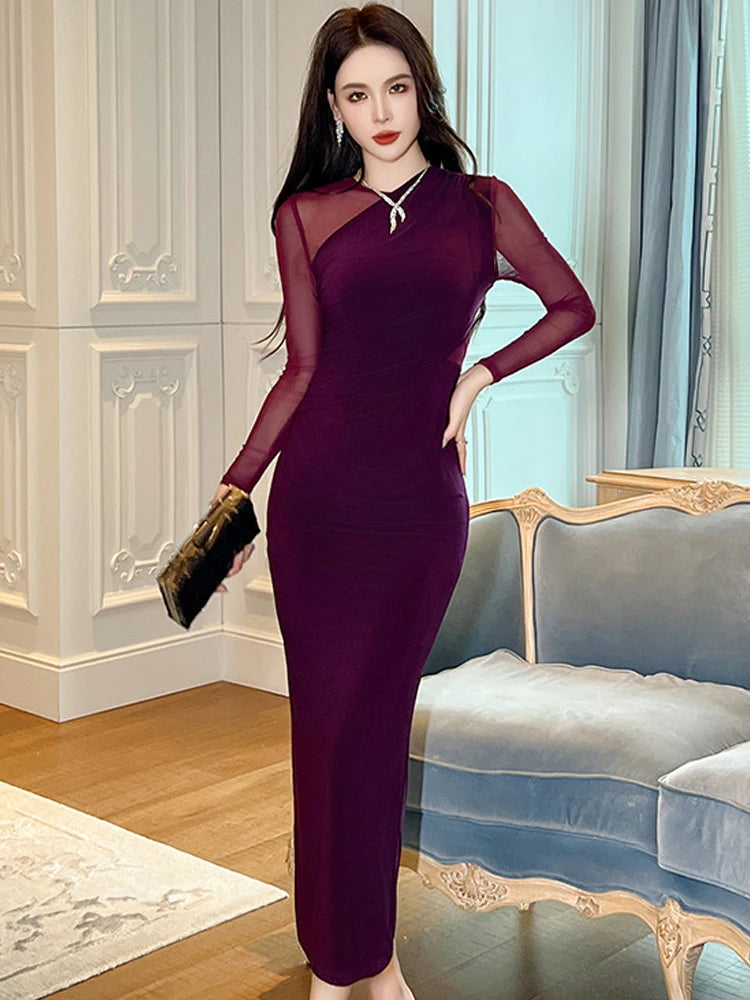 Elegant Long Sleeve Sheer Panel Evening Gown on Luulla