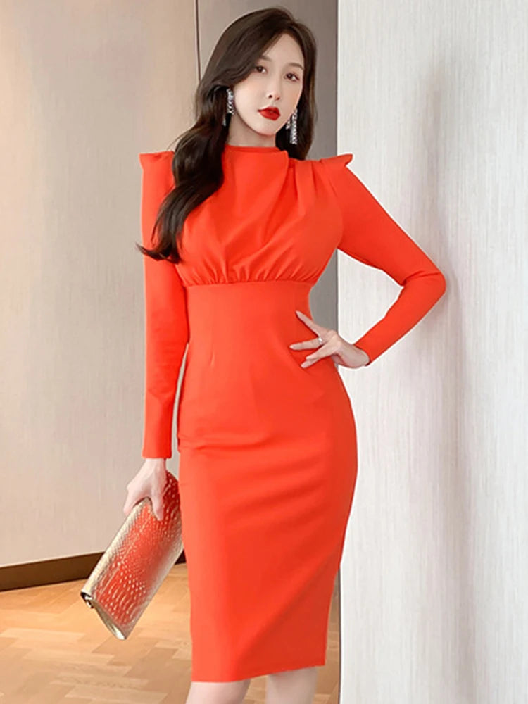 Elegant Long Sleeve Red Bodycon Midi Dress on Luulla