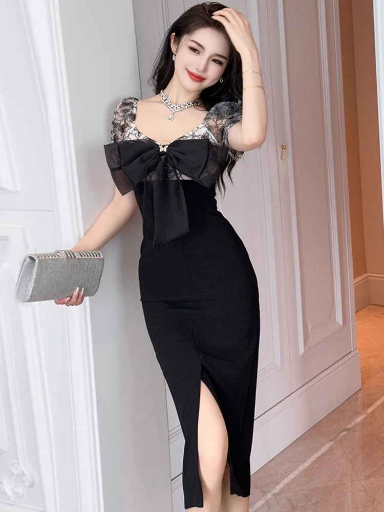Elegant Black Dress With Floral Lace Sleeves on Luulla