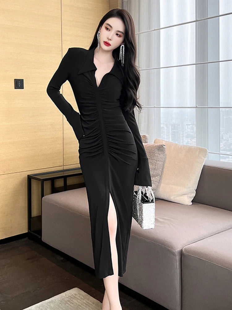 Elegant Black Ruched Long Sleeve Midi Dress on Luulla