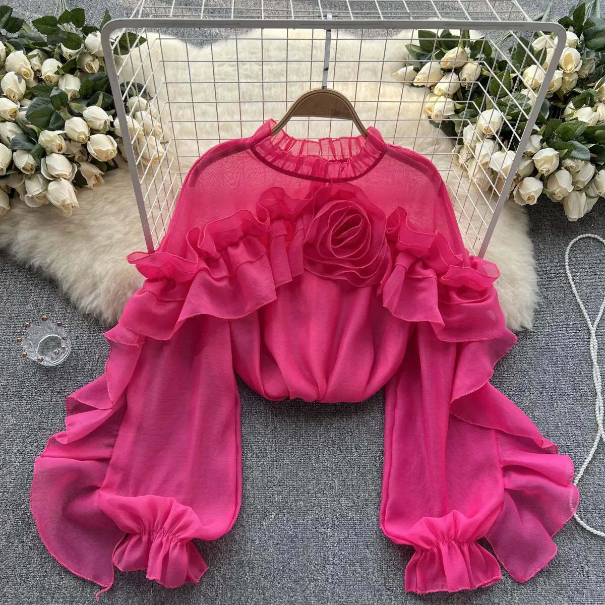 Eye Blossom Floral Ruffle Blouse in Pink