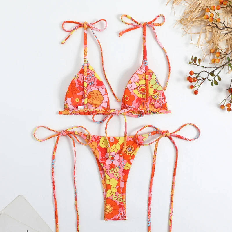 Floral Print Adjustable String Triangle Bikini Set on Luulla