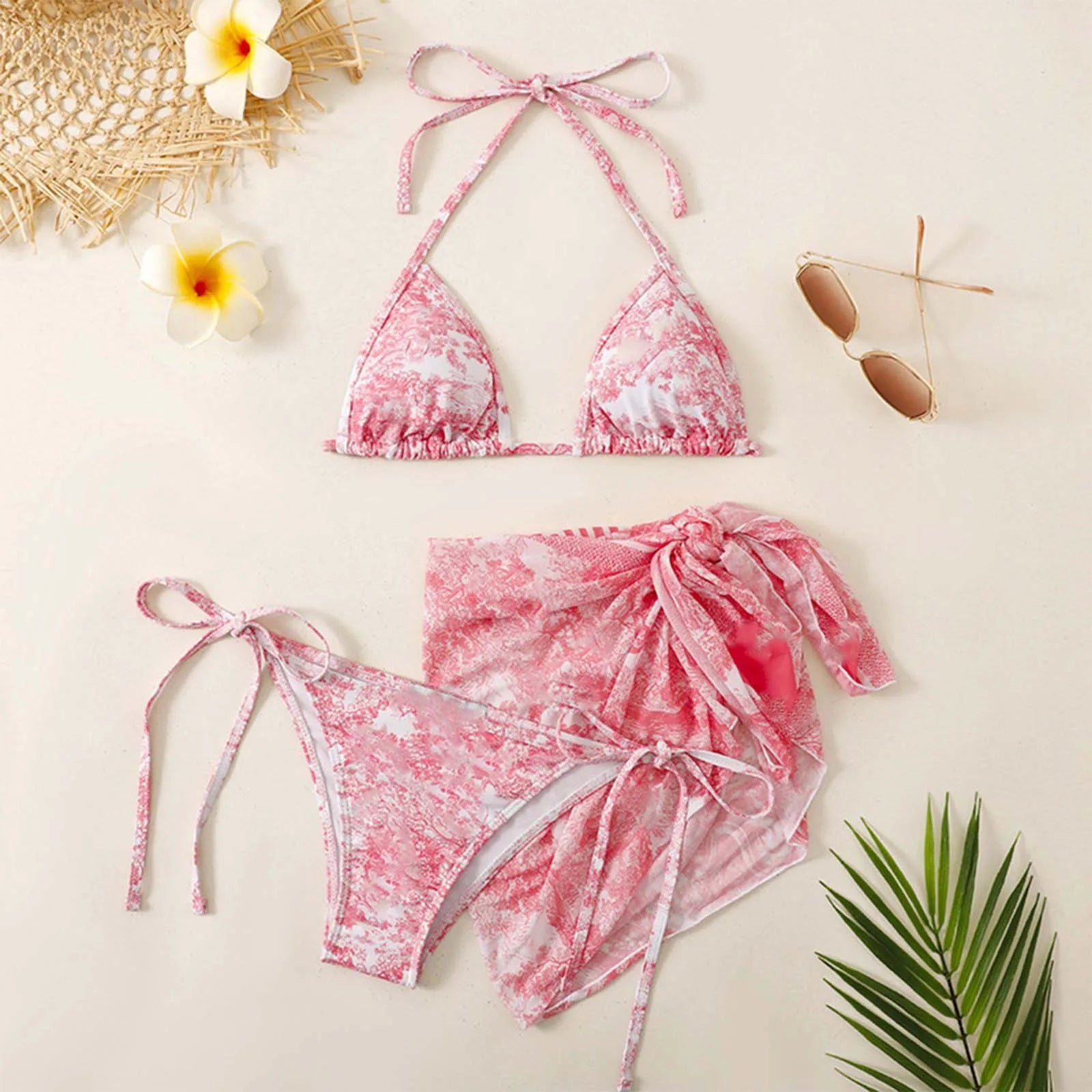 3 Piece Halter Bikini With Cover Up Pink Tropical Set