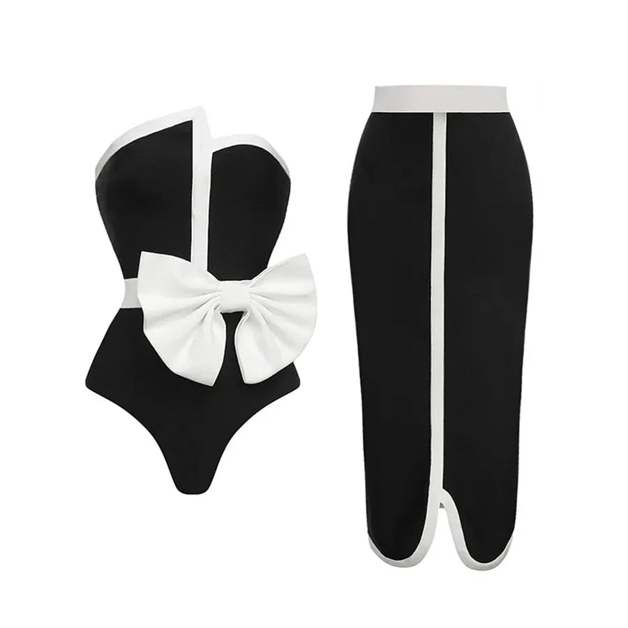 Chic Black And White Bow Dress Set on Luulla