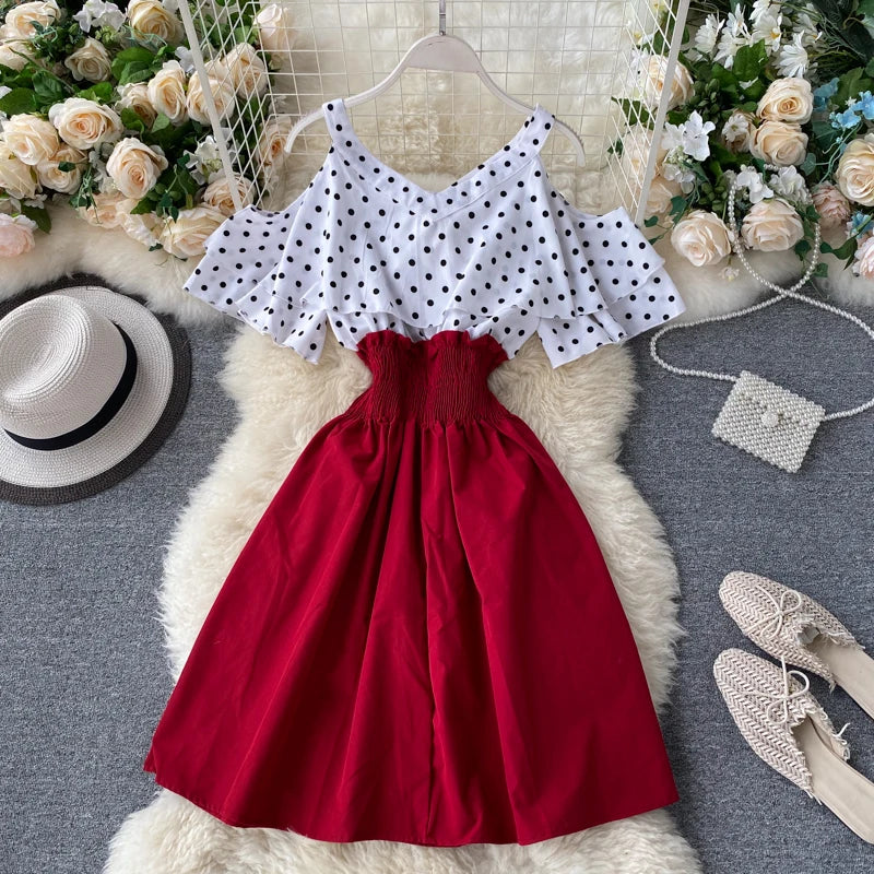 Cold Shoulder Polka Dot & Floral Print Dress