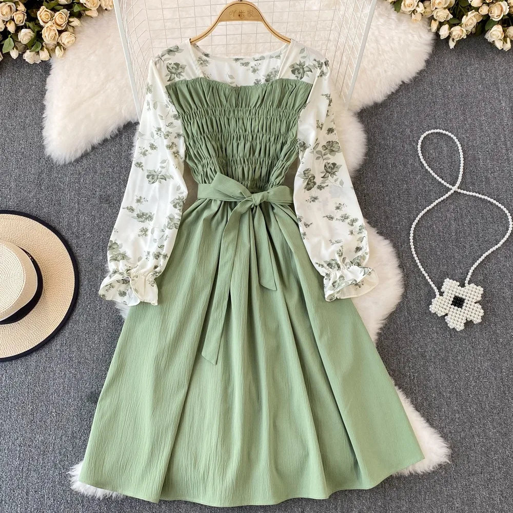 Floral Pleated Green Dress With Puff Sleeves on Luulla