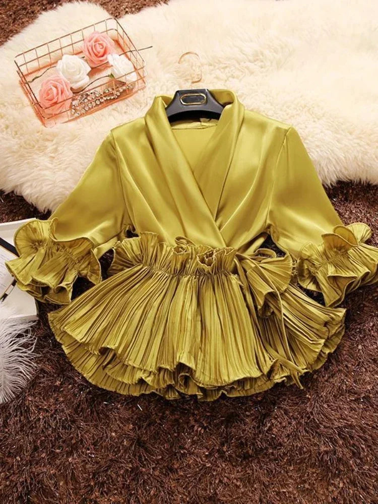 [🌷S/S] Satin Turtleneck Pleated Blouse