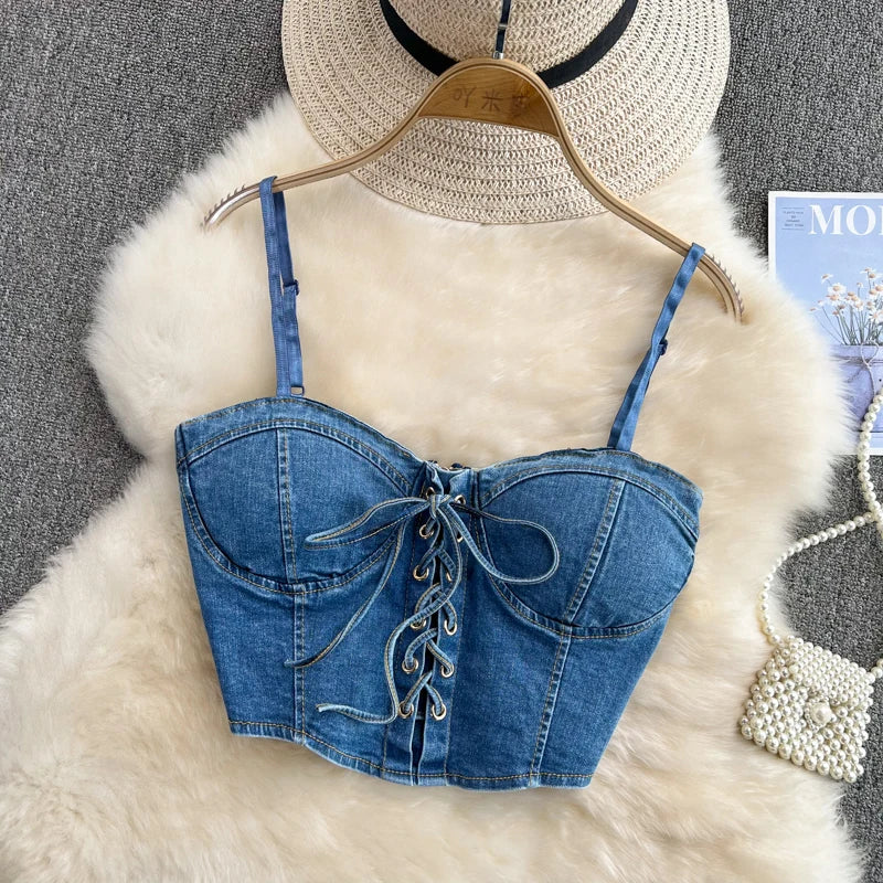 Denim Lace-up Corset Top With Adjustable Straps on Luulla
