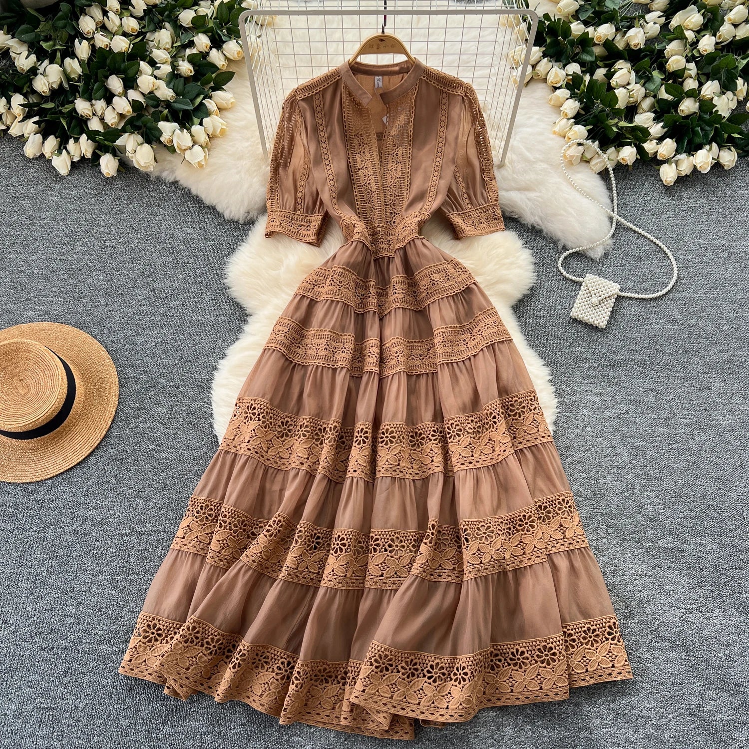 Lani - Bohemian Maxi Dress with Golden Print and High Slit