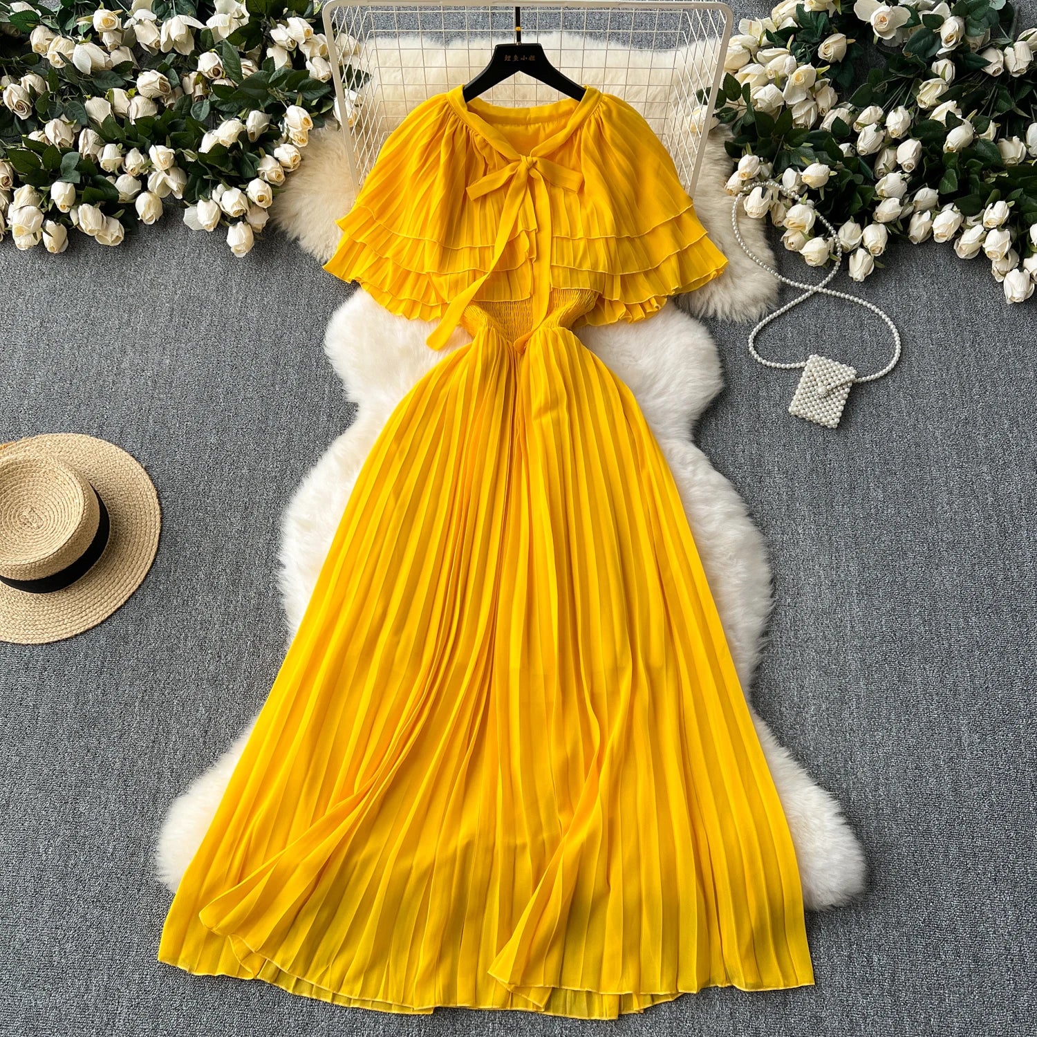 Elegant Yellow Pleated Maxi Dress With Cape on Luulla