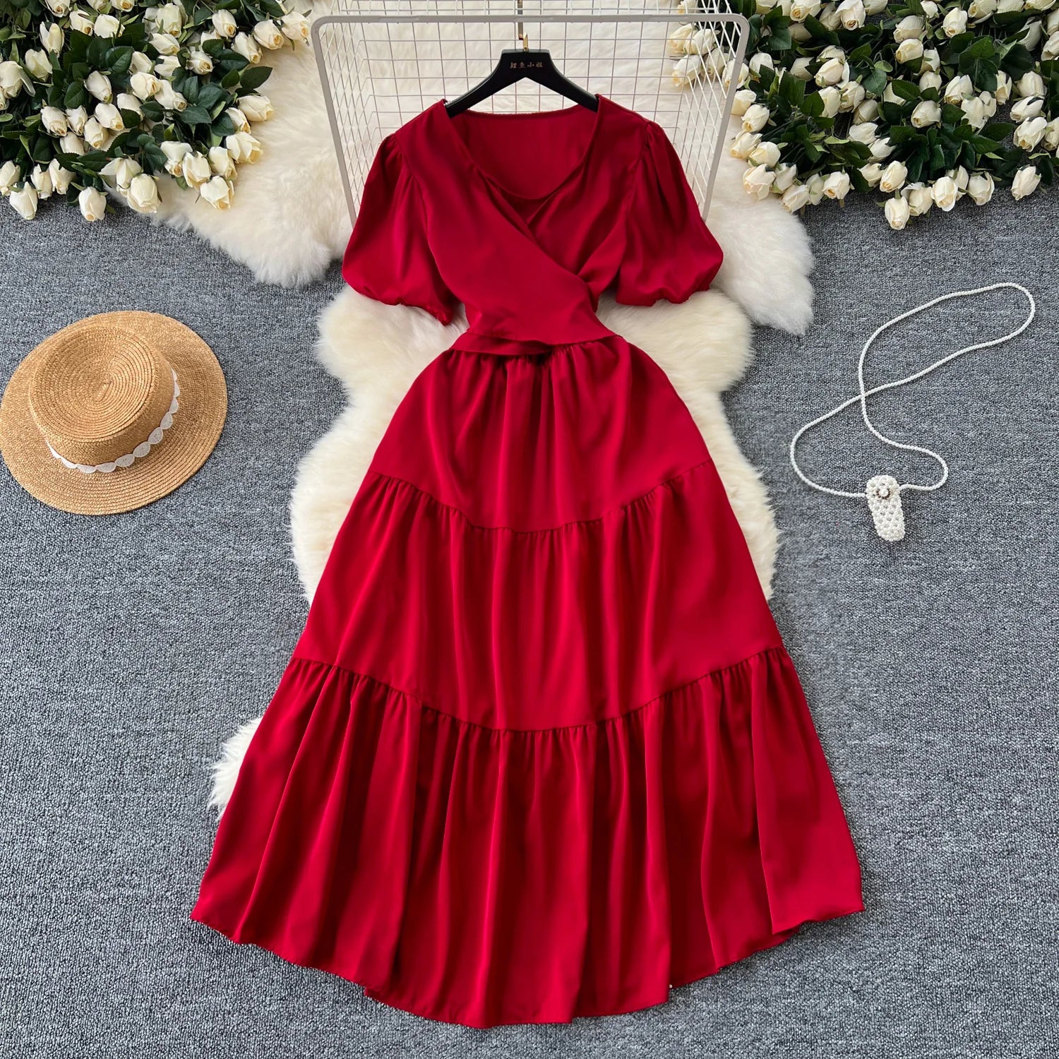 Elegant Red V-neck Puff Sleeve Midi Dress on Luulla