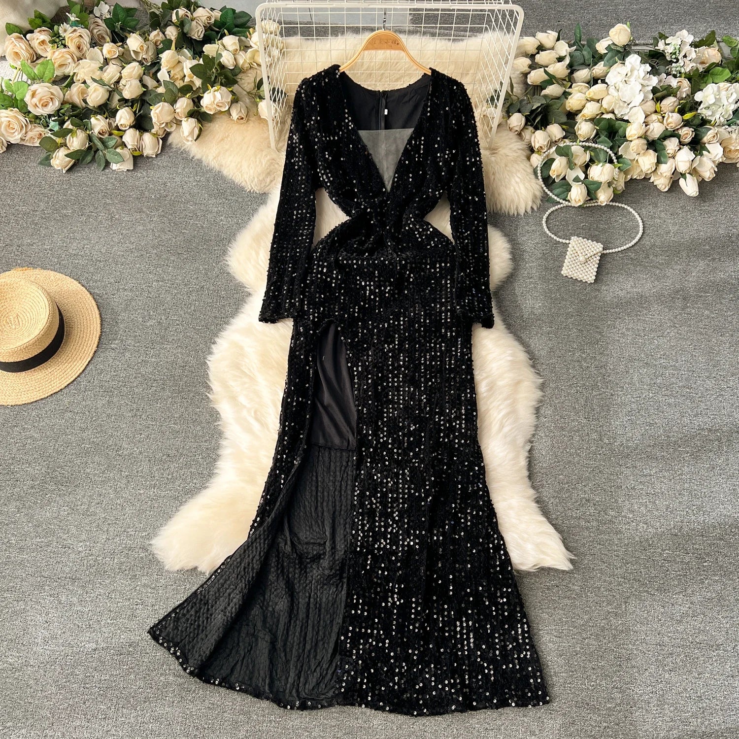 equin Top and Satin Bottom Sophisticated Black Evening Dress