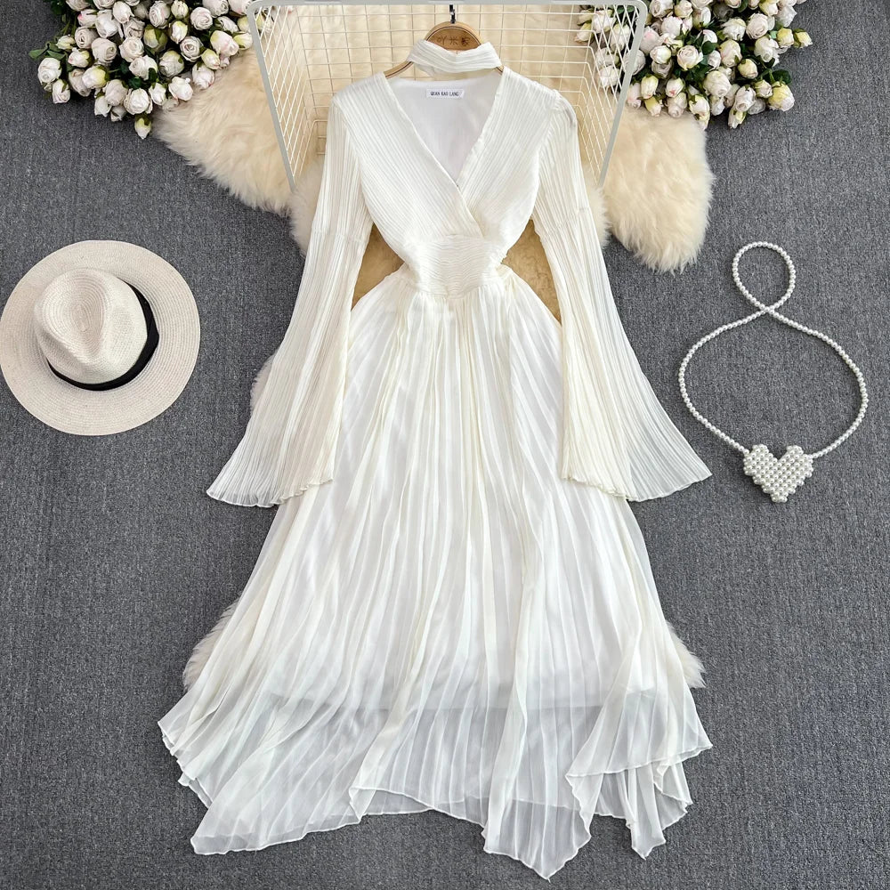 Elegant White Chiffon Long Sleeve Midi Dress on Luulla