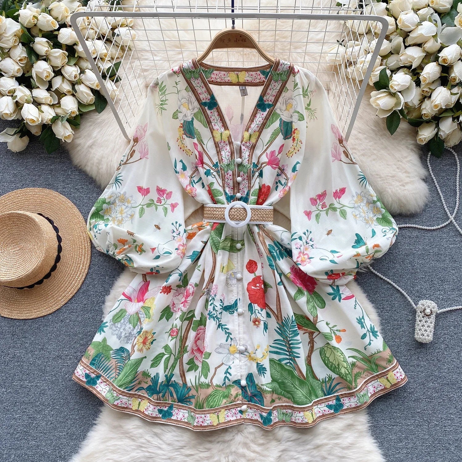 Floral Embroidered Boho Tunic Dress with Puff Sleeves