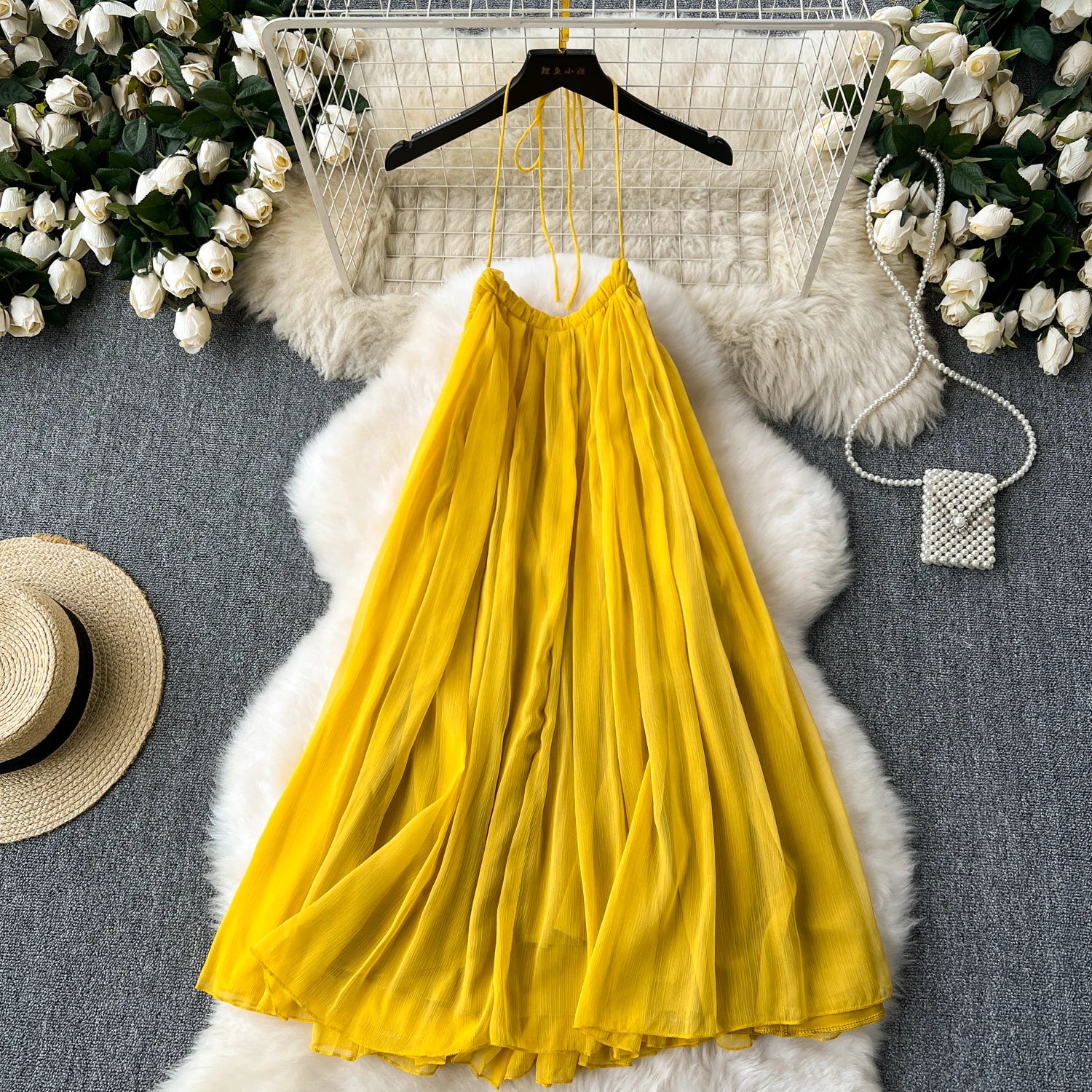 Elegant Yellow Chiffon Maxi Dress With Straps on Luulla