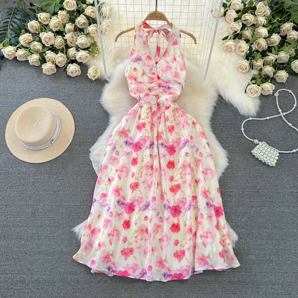 Halter Low Back Chiffon Maxi Sexy Dress Sunset