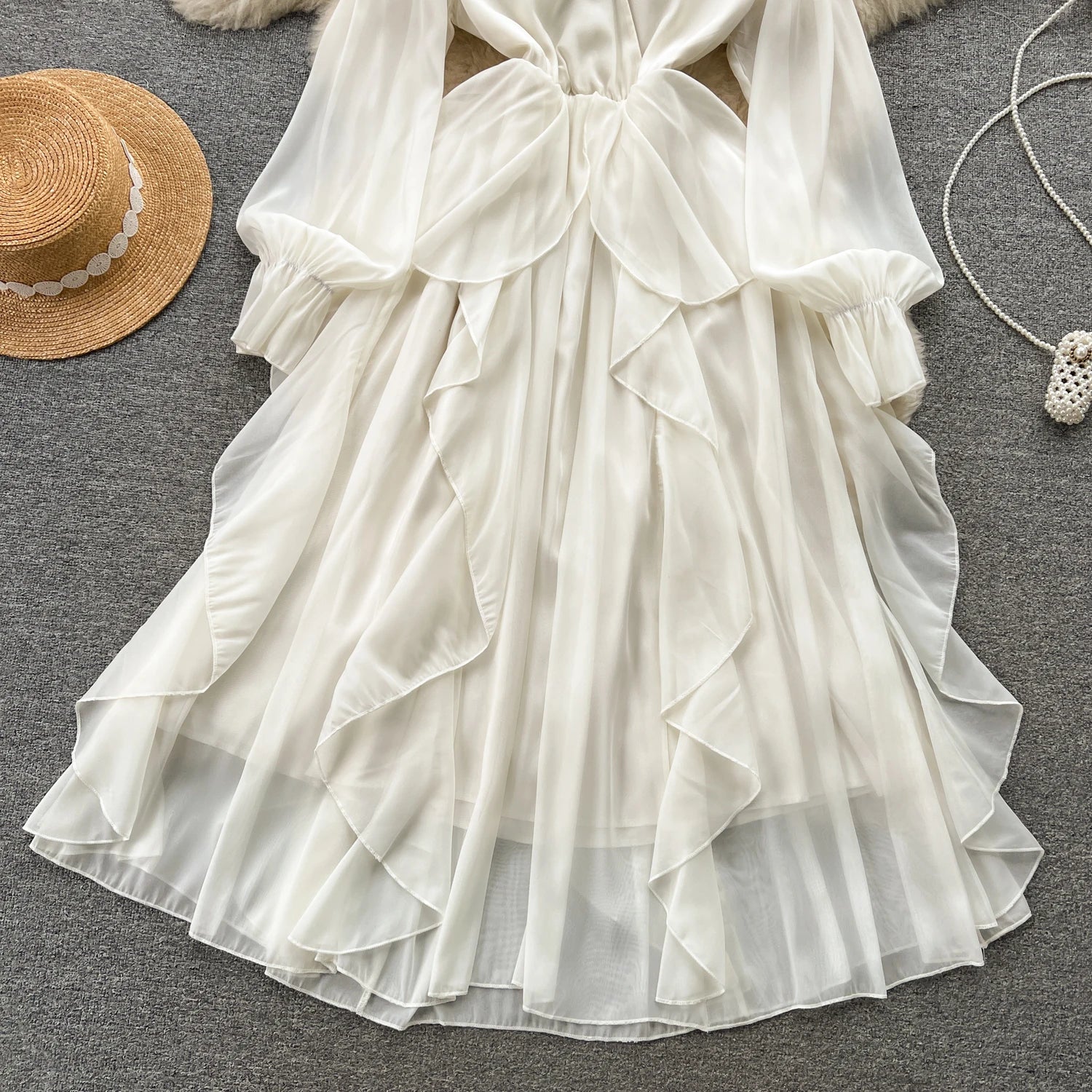Elegant White Chiffon Ruffle Sleeve Maxi Dress on Luulla