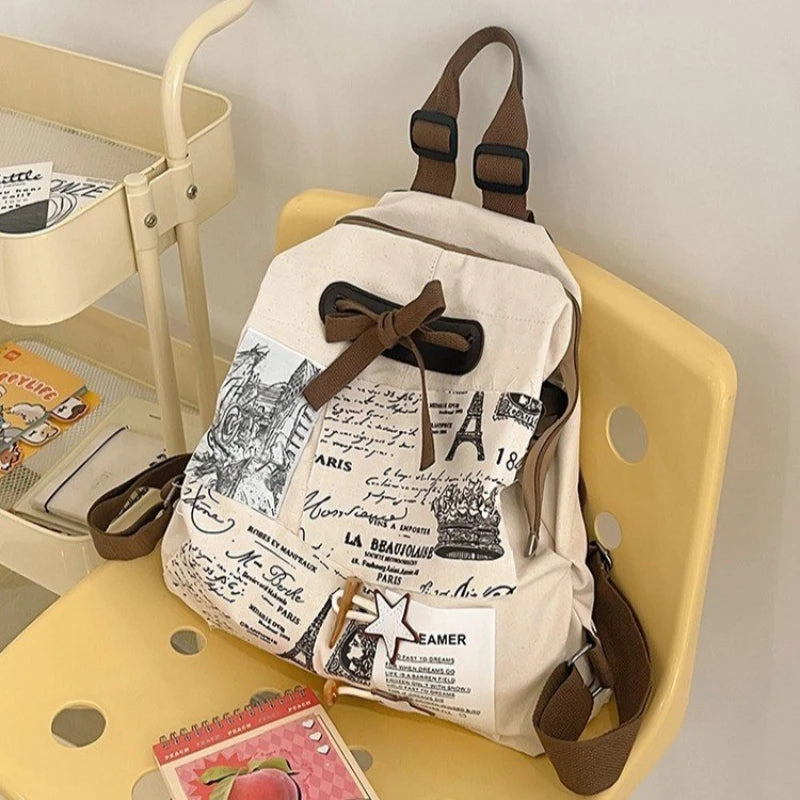 Stylish Printed Canvas Backpack With Paris Motif on Luulla