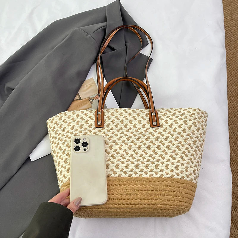 Stylish Woven Tote Bag With Leather Handles on Luulla