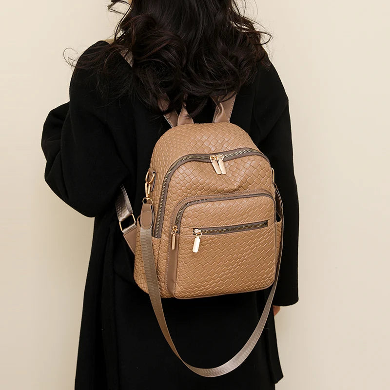 Woven Leather Backpack With Multiple Zippered Compartments on Luulla